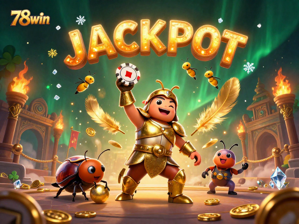 Join 78win's daring adventure with a hercules beetle in golden armor celebrating a thrilling jackpot!