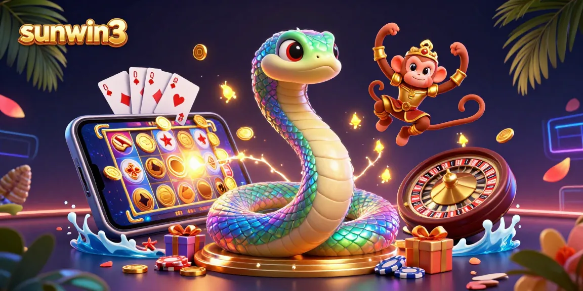 Experience vibrant winnings at sunwin3 with a majestic rainbow serpent and golden monkey king amidst a thrill-filled casino!