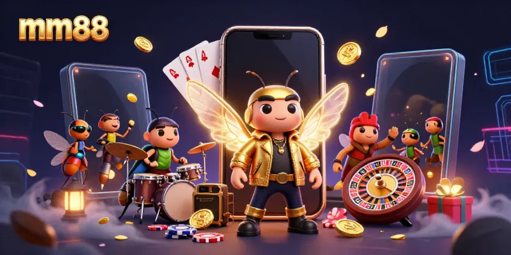 Experience the thrill of mm88 with a vibrant casino scene featuring 3D characters and dynamic game elements.