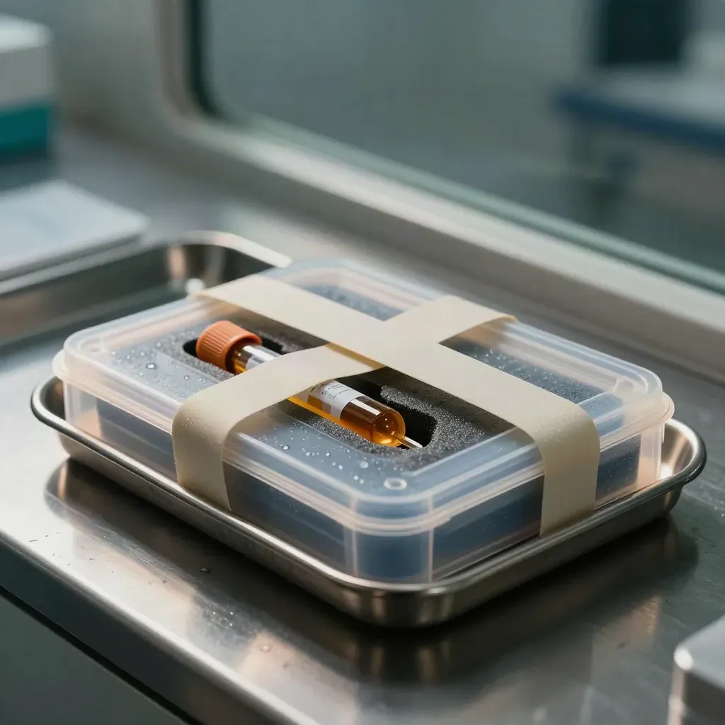 Specimen carrier with amber tubes and imaging sleeve on a metal transport tray.
