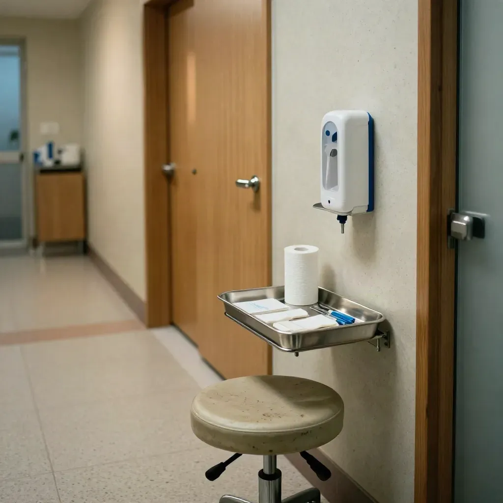 Reset walk-in treatment bay with stool, sanitizer, disposable sheets and triage tray