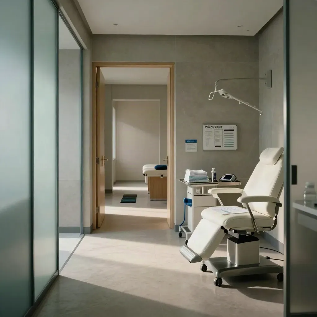 Empty modern clinic suite with exam room, physio corner, telehealth nook, and frosted glass hallway