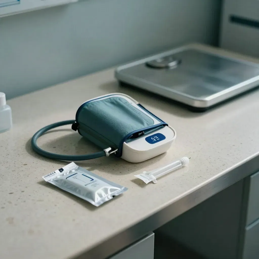 Blood pressure cuff, swabs, glucose kit, and clinic scale on travertine.
