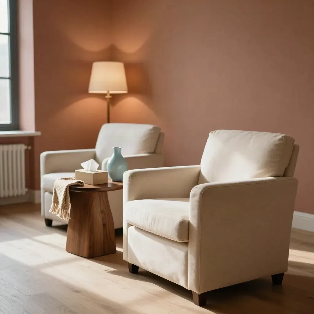 Quiet counselling room with armchairs, tissue box, throw, and warm lamp light.