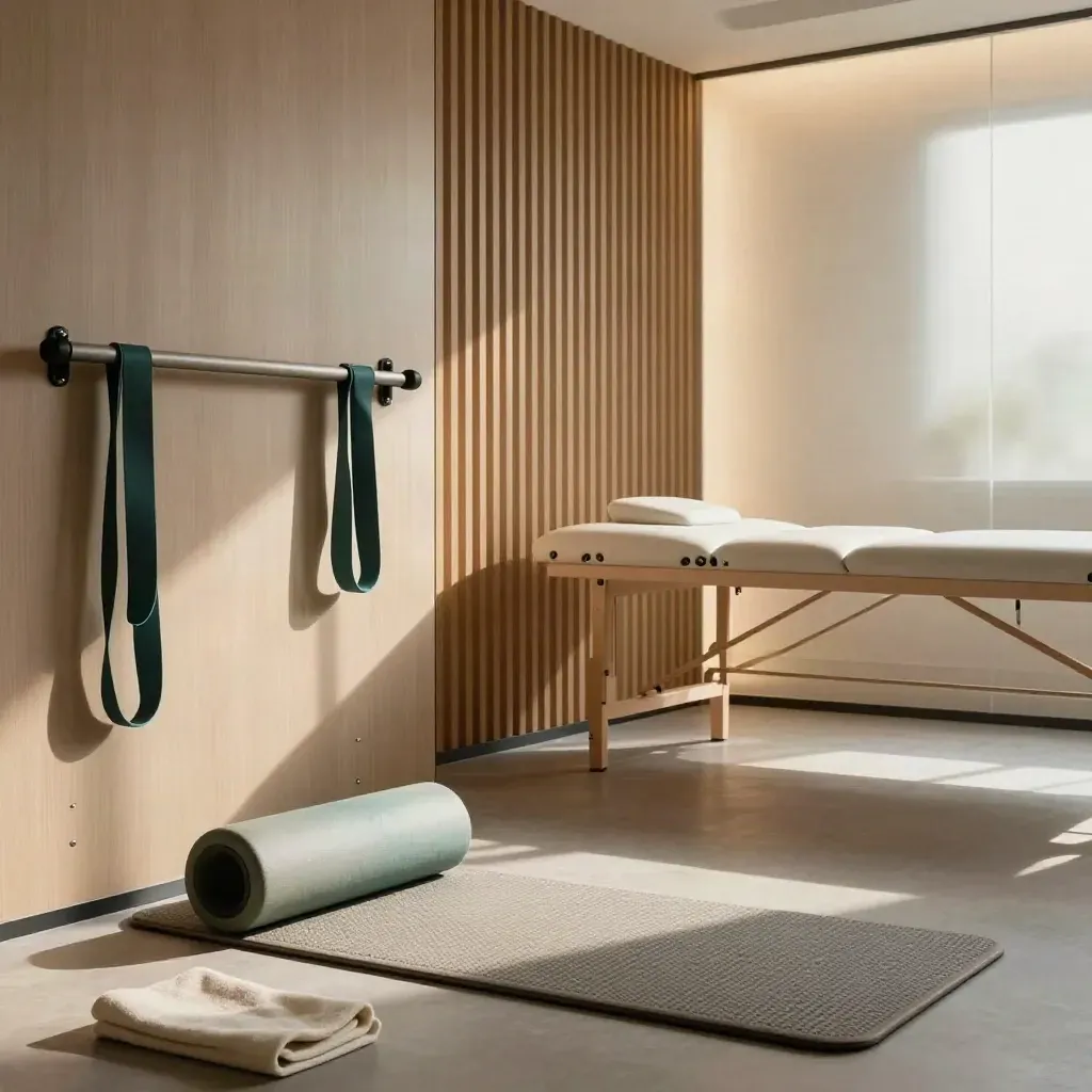 Physiotherapy bay with bands, foam roller, balance pad and treatment table in moody light