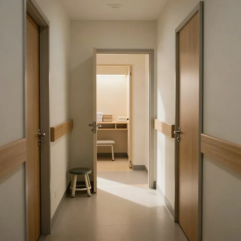 Warm clinic corridor with ajar doors, child stool, and glowing follow-up alcove.