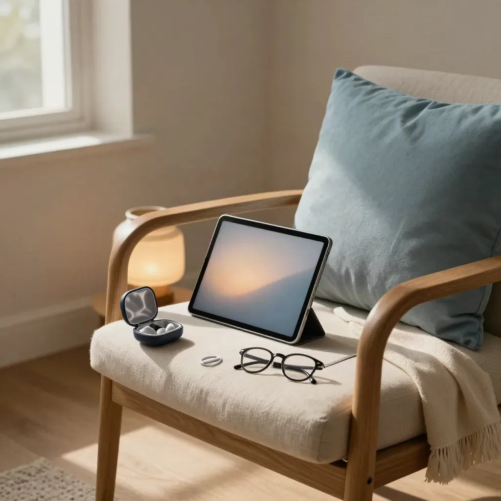 Telehealth corner with tablet, hearing-aid case, glasses, lamp, and chair in warm morning light.