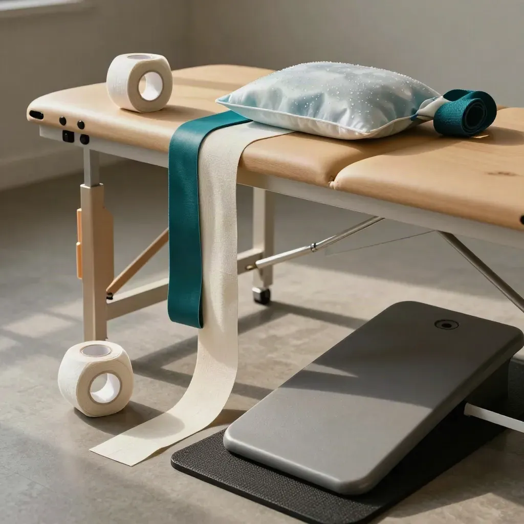 Physio bench with tape, bands, ice pack, and balance board in a calm clinic setup.