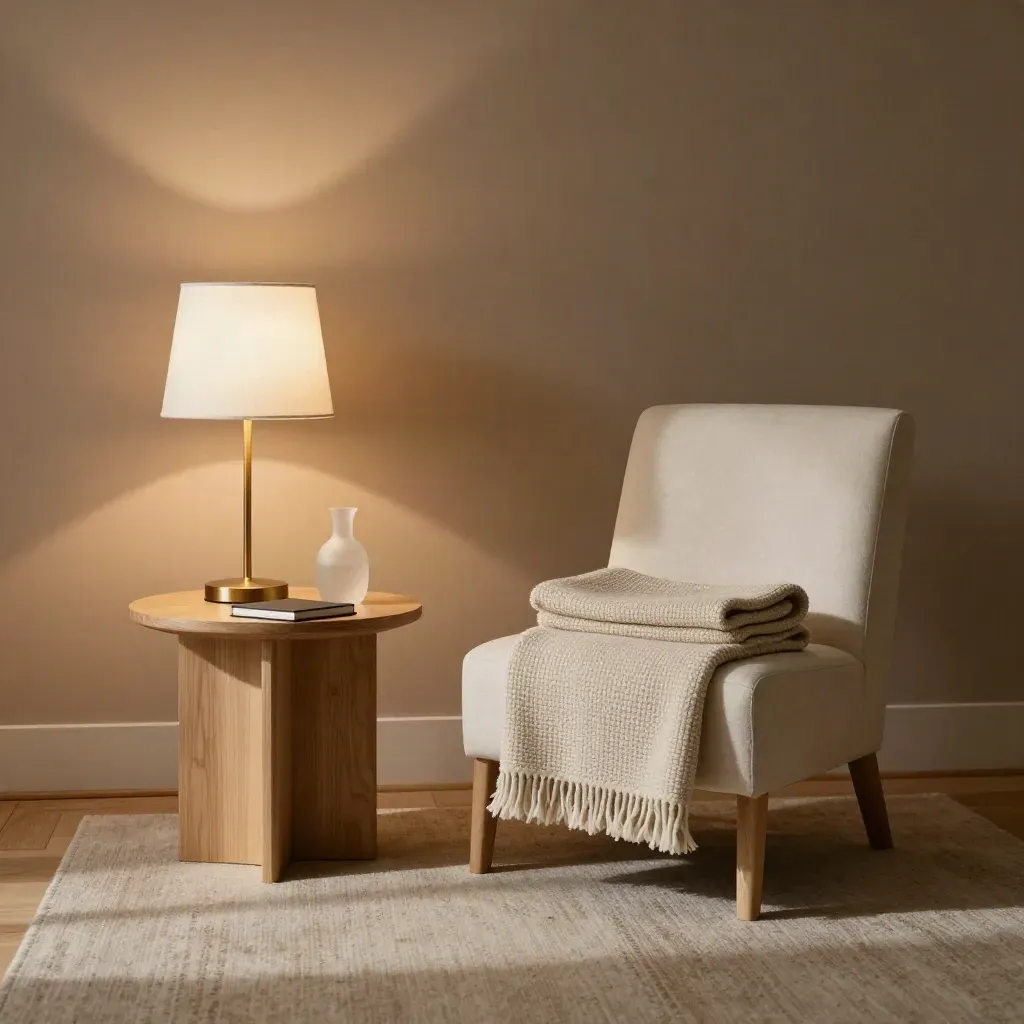 Warm counselling room with lamps, chair, closed notebook, carafe, and folded weighted blanket.