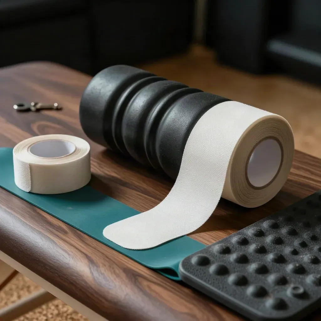 Physiotherapy tools: tape, resistance band, foam roller and balance pad on a walnut bench.