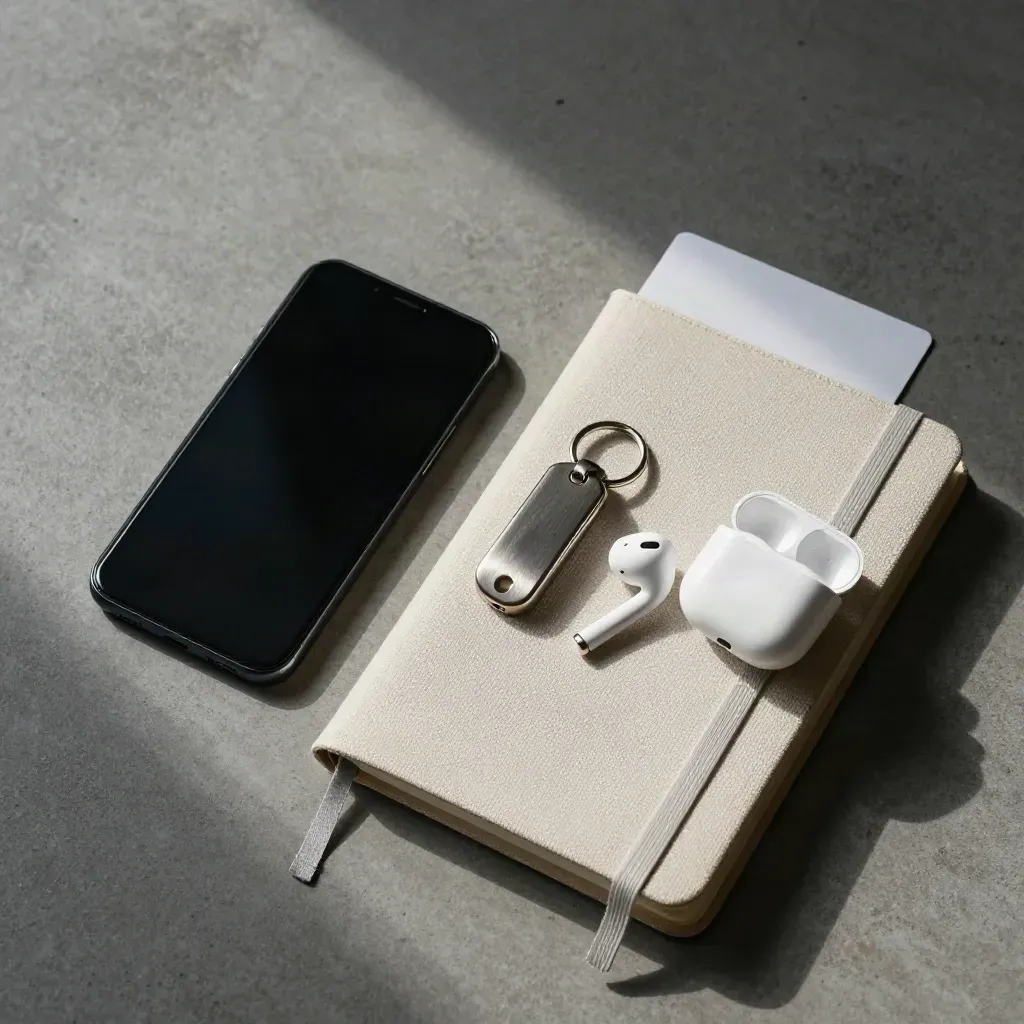 Top-down flatlay of a dark-screen phone, notebook, key fob, and earbuds on matte concrete.