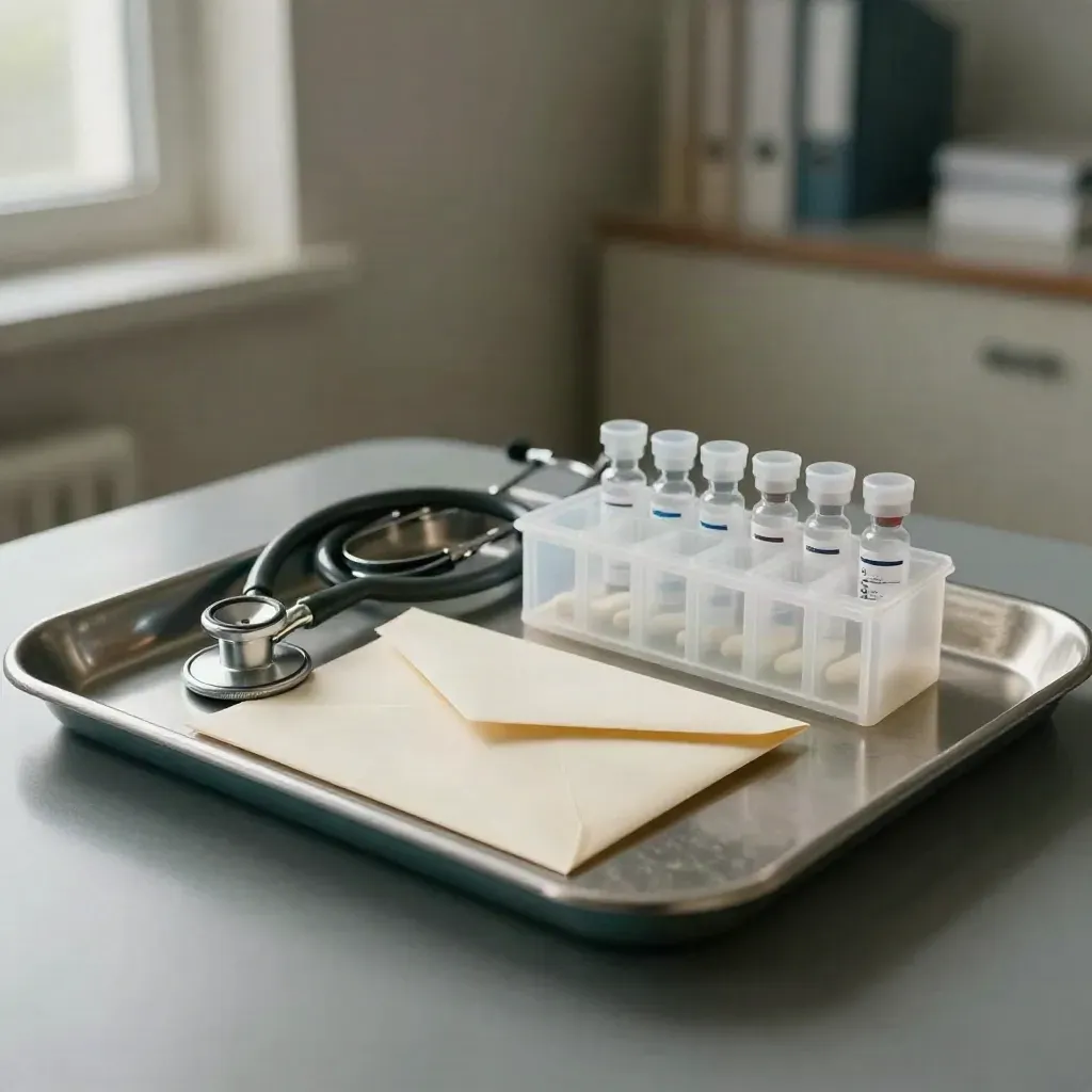 Clinical still life with stethoscope, sealed envelope, pill organizer and tube rack on a consultation tray.