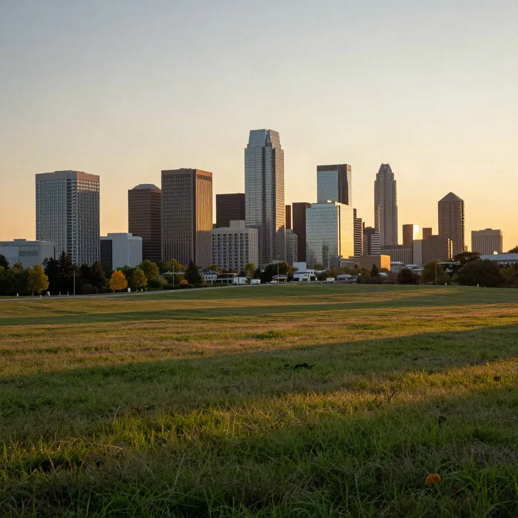 Golden-hour Mississauga skyline above calm green Peel Region ground with airport-edge glass