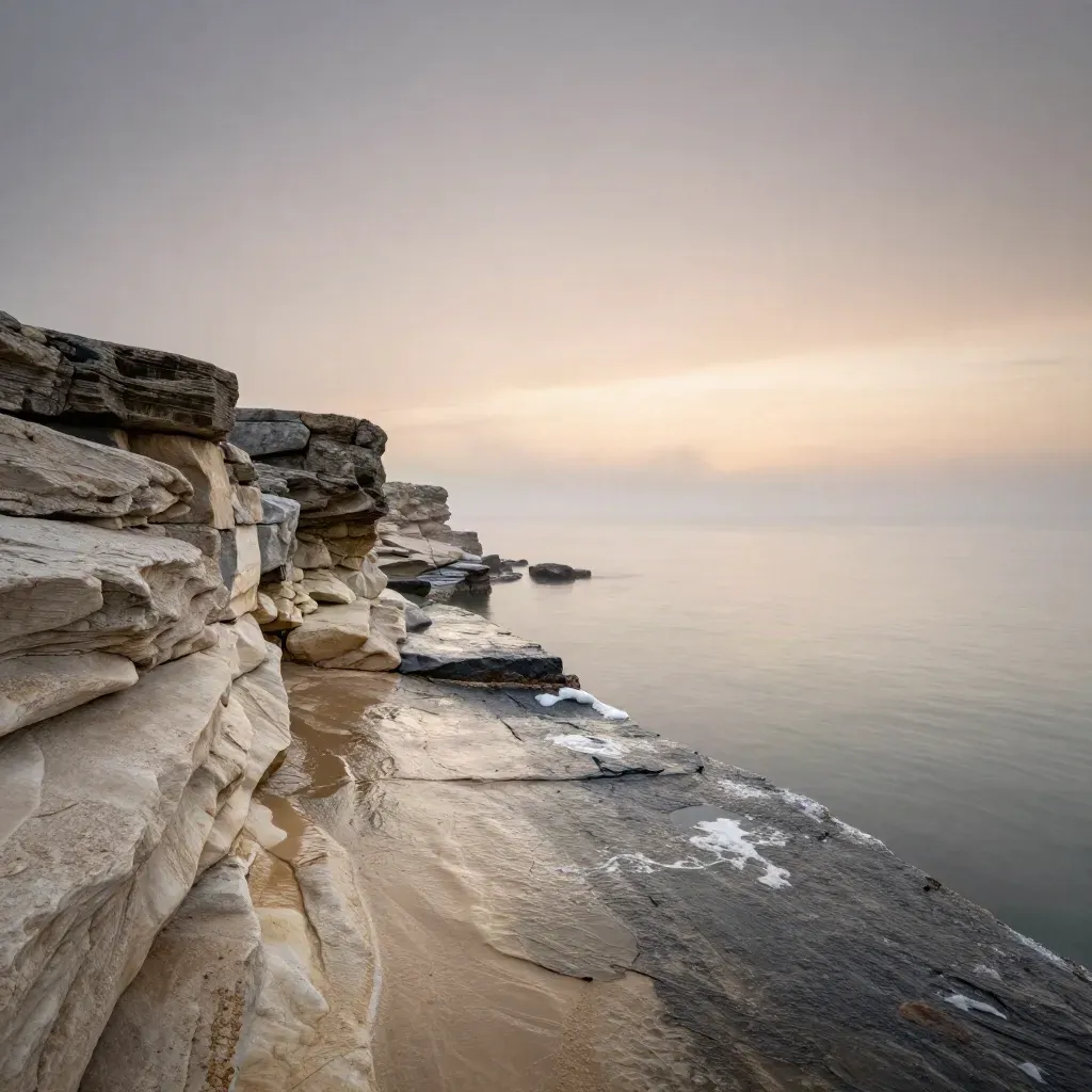Lake Ontario shoreline with wet breakwater rocks, mist, and a glowing dusk horizon.