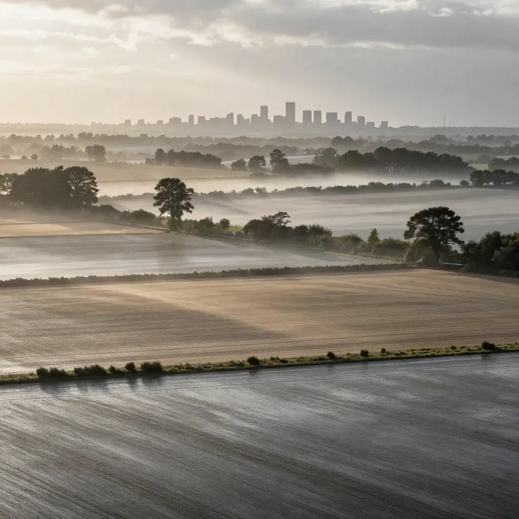 Rain-cleared York Region farmland with Vaughan skyline under dramatic opening storm clouds