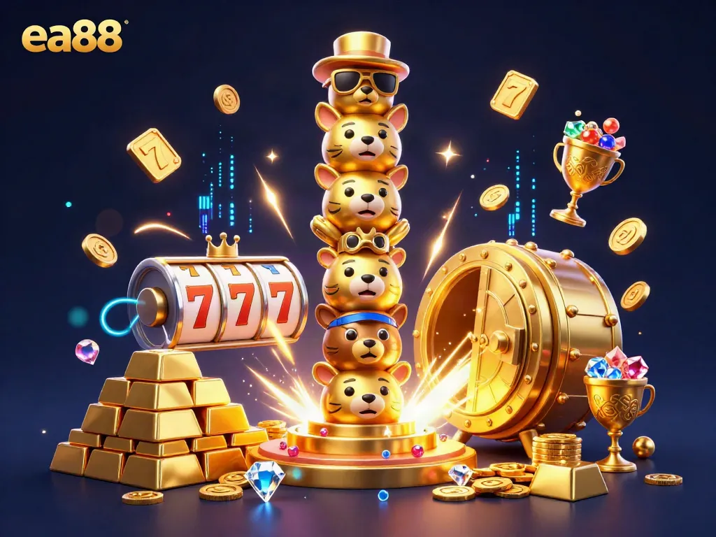 Experience winning moments with ea88 in this vibrant casino illustration featuring dynamic slot game elements.