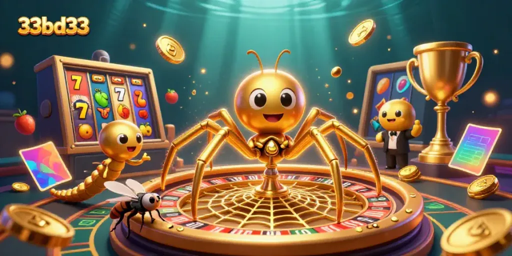 Engage in a dynamic 33bd33 casino scene featuring a golden spider and fly at a roulette wheel.