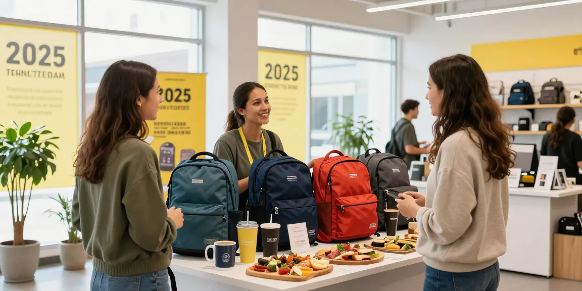Branded backpacks exhibited in promotional product showroom with friendly salesperson assisting customers.