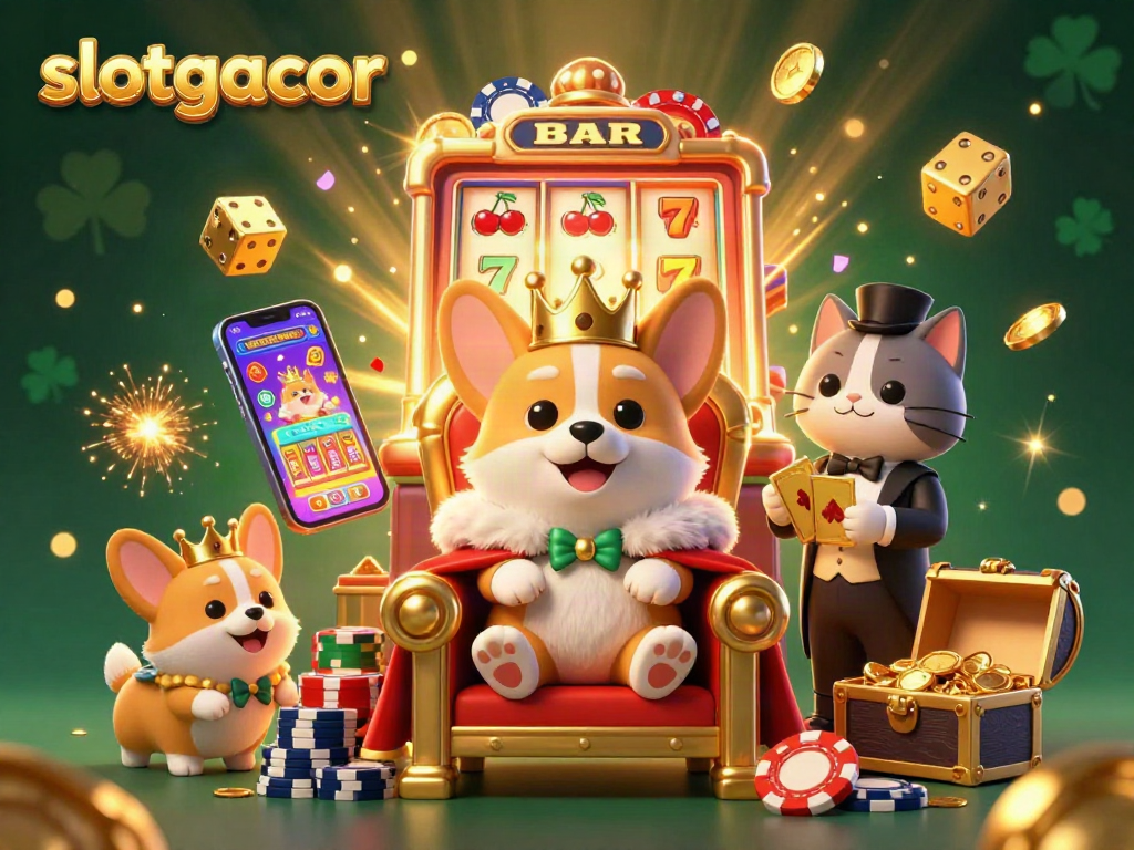 Experience the vibrant excitement of slotgacor with a royal corgi on a jackpot throne in this dynamic 3D illustration.