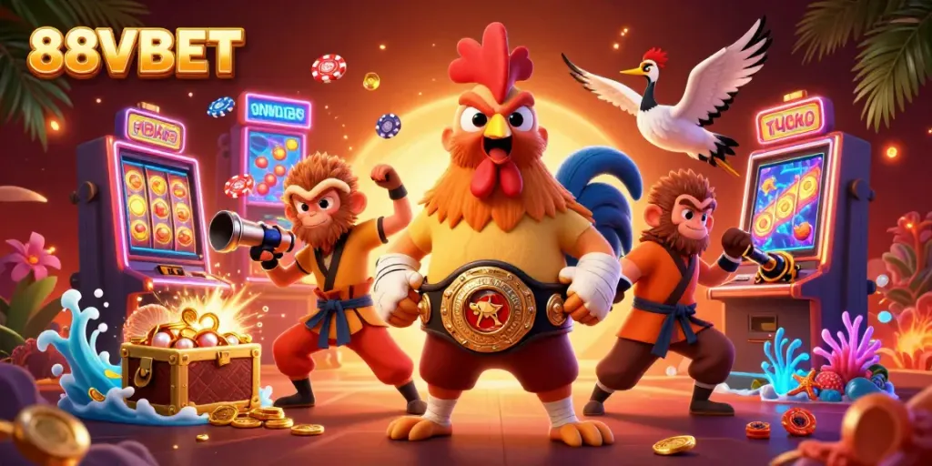 Experience the thrill of 88VBET with vibrant casino elements and animated characters in a 3D illustration.