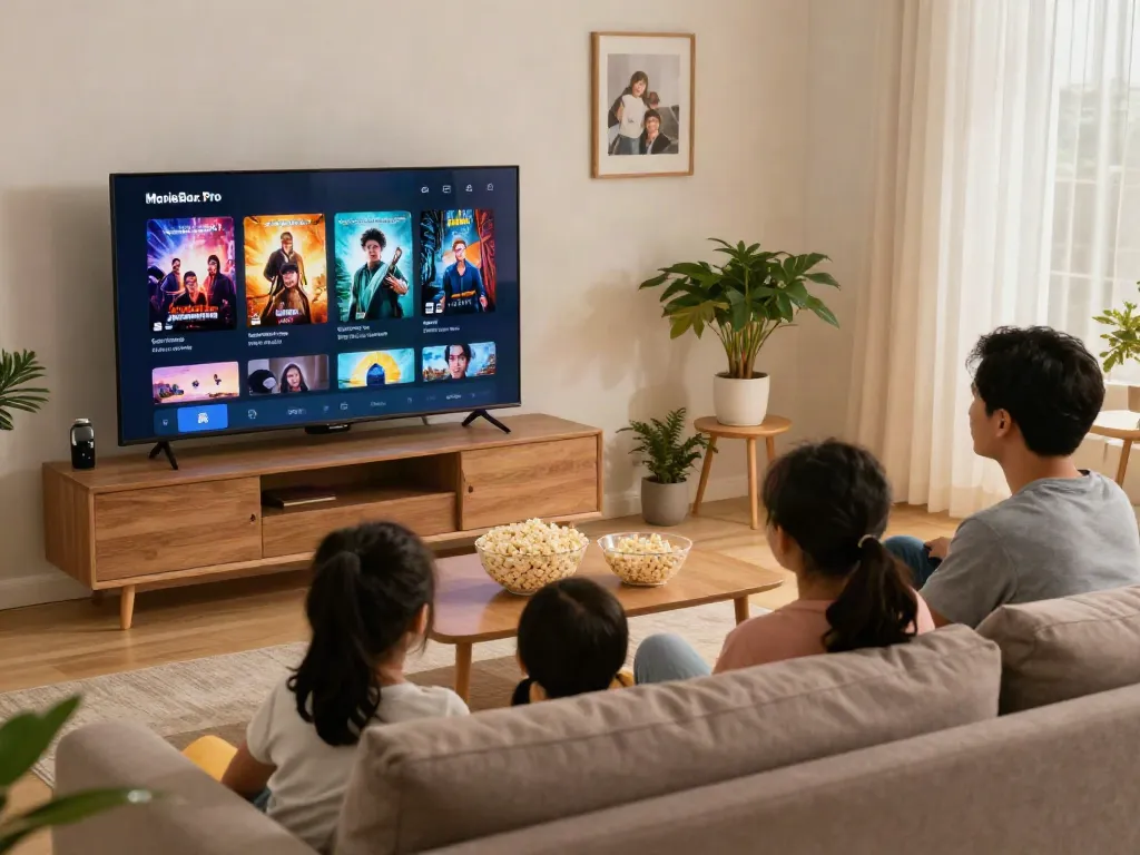 Family enjoying MovieBox Pro official site on TV in cozy living room.