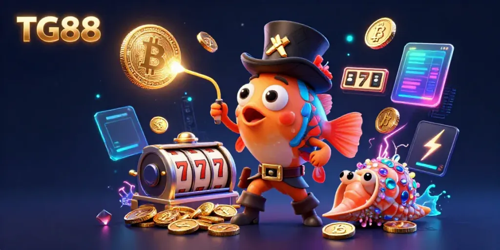 Engage with TG88's vibrant casino gaming experience through a colorful illustrated scene.