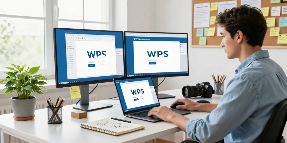 Efficient workspace for WPS Download with dual monitors and laptop in a modern home office.
