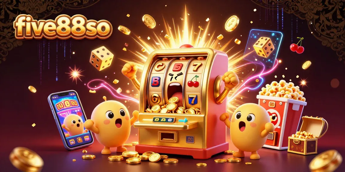 Experience thrilling wins with five88so as cartoon slot machines celebrate jackpots amidst vibrant casino elements.