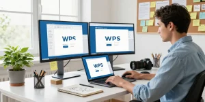 Efficient workspace for WPS Download with dual monitors and laptop in a modern home office.