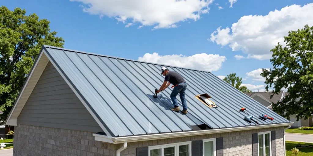 Newly installed steel roofing Ontario on a residential home with a professional roofer ensuring quality