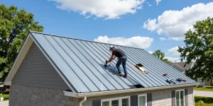Newly installed steel roofing Ontario on a residential home with a professional roofer ensuring quality